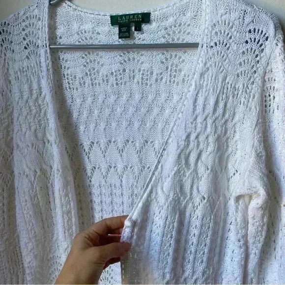 Lauren by Ralph Lauren White Crochet Linen & Cotton Cardigan, Size Large cottage - Picture 7 of 14